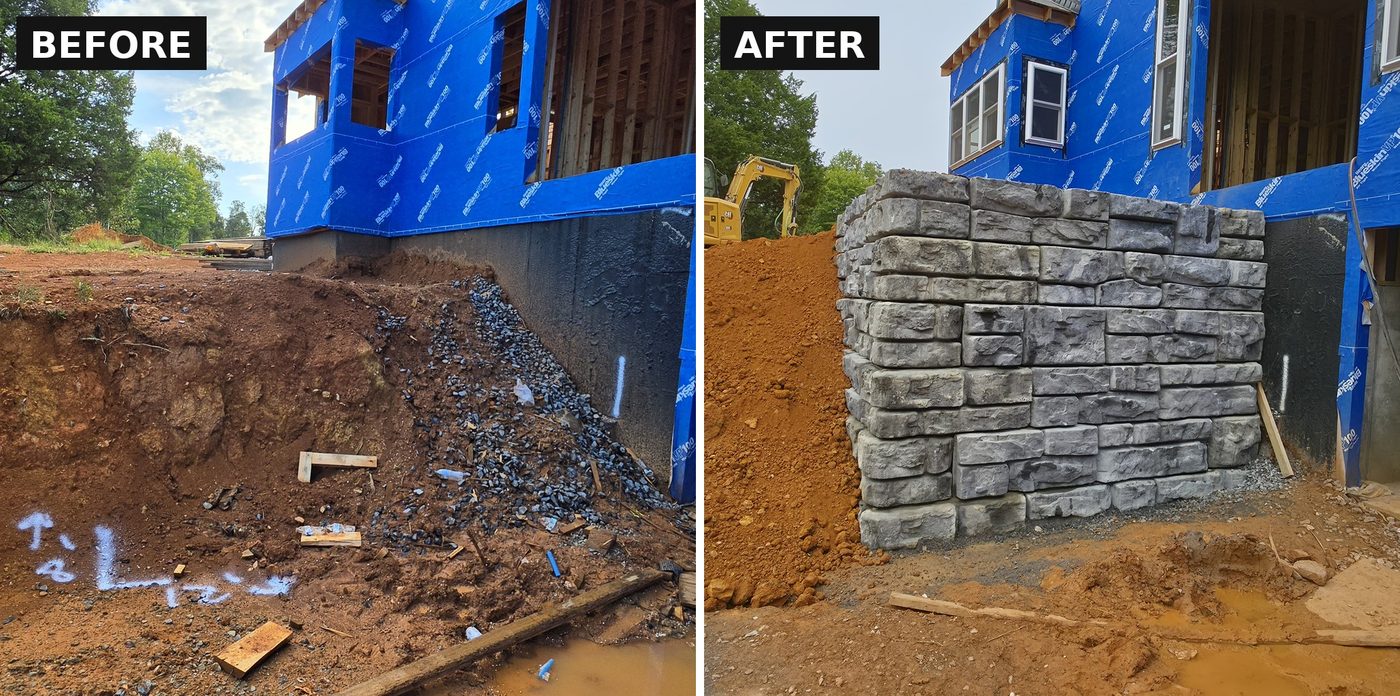 Before and after: a raw red clay bank at a walkout basement, then the finished L-shaped Redi-Rock retaining wall, Gainesboro TN